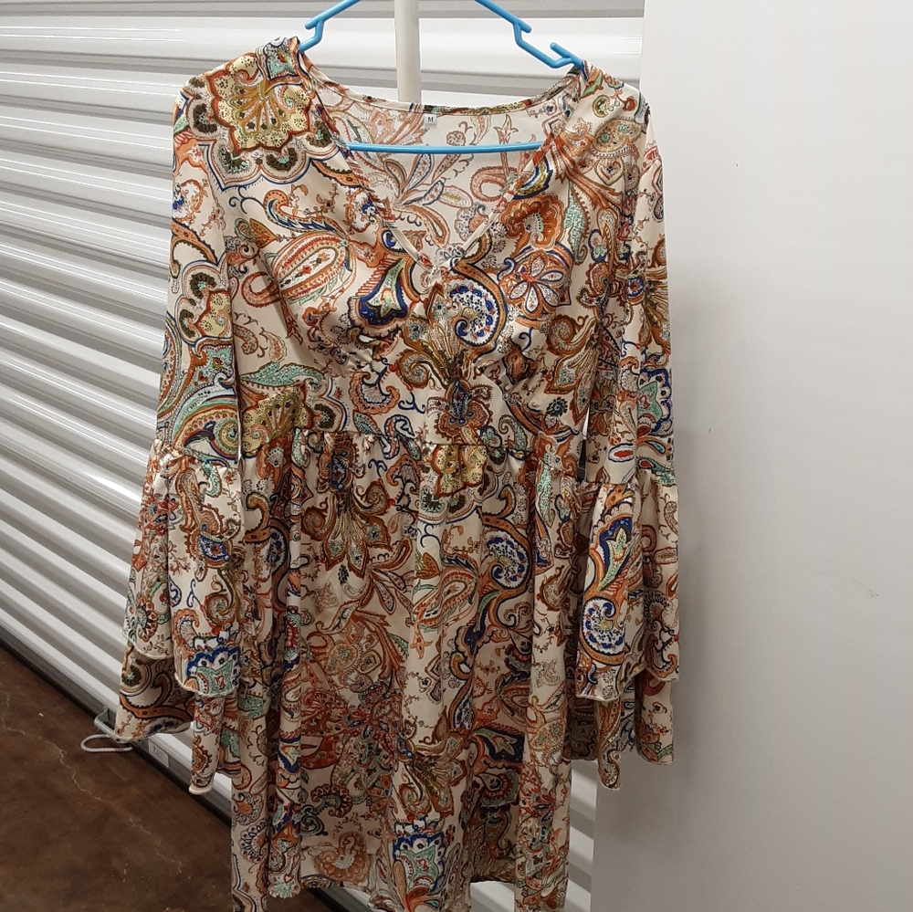 Boho Paisley V-Neck Tunic Top - Cream Multi